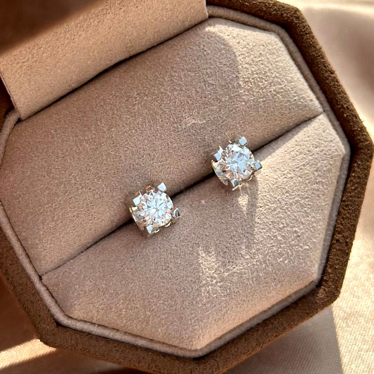 Modern Bar Set Round Diamond Stud Earrings Platinum in Jewelry Box | Elora