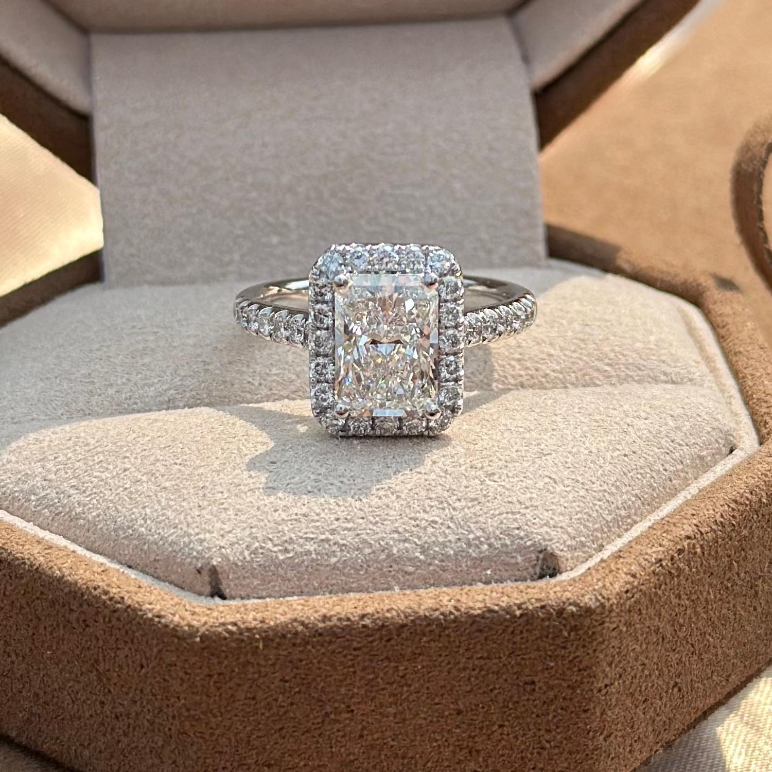 Pavé Radiant Halo lab grown diamond ring  in platinum in velvet box