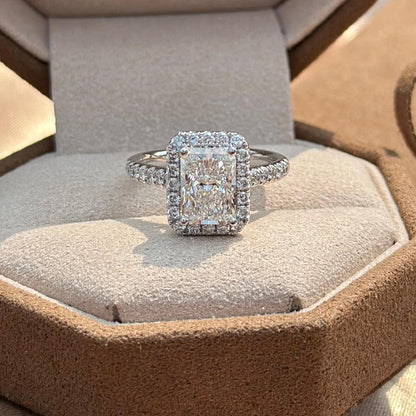 Pavé Radiant Halo lab grown diamond ring  in platinum in velvet box