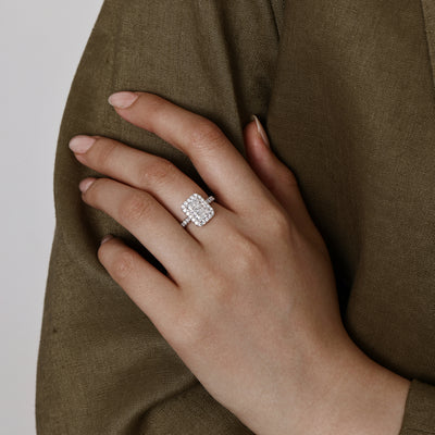 Front View Pavé-set Radiant Cut Lab Grown Diamond Halo Engagement Ring in platinum