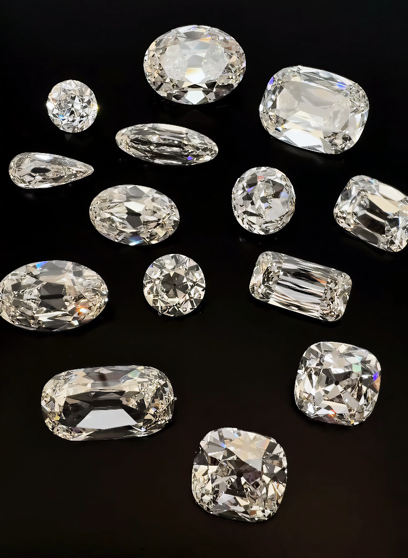 Collection of various cut diamonds on a black background