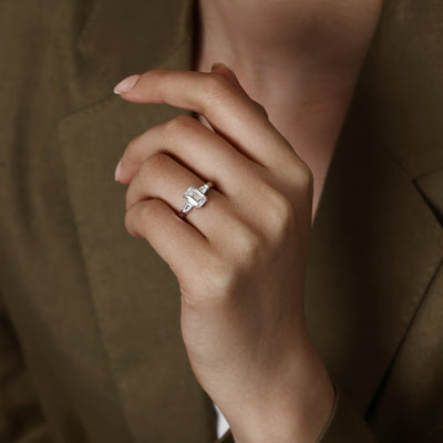 Front View Three Stone Emerald Cut Lab Grown Diamond Engagement Ring in platinum