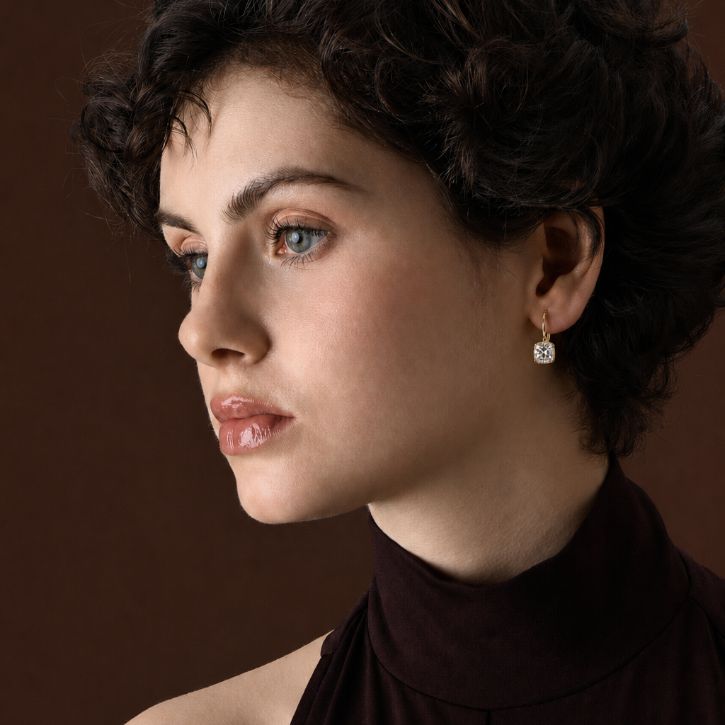 Old Mine Cushion Cut Diamond Drop Earrings worn by a model, showcasing the vintage charm and elegance of the design.
