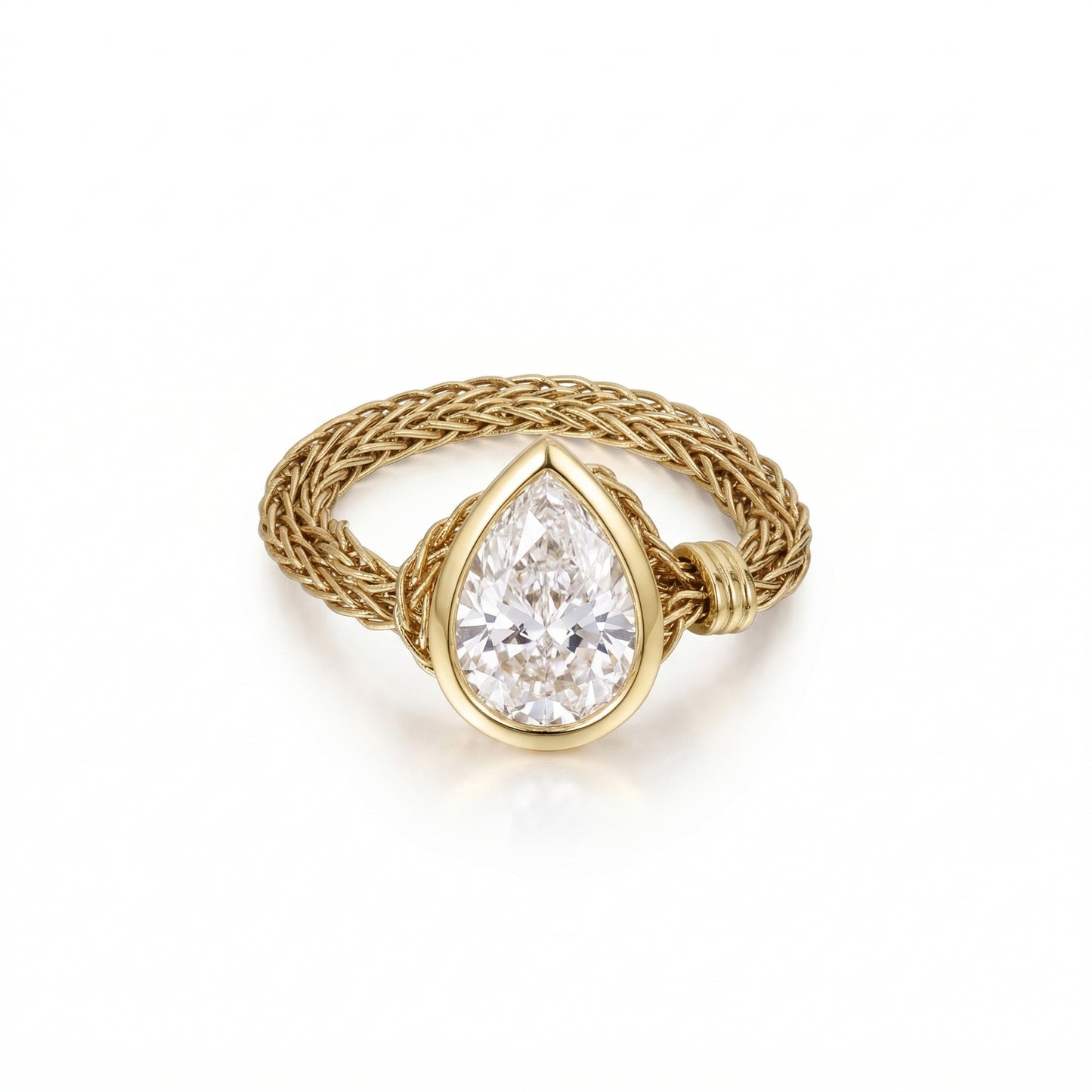 Faith-Pear Cut Lab Grown Diamond Engagement Ring with a pear cut diamond in a woven gold band.