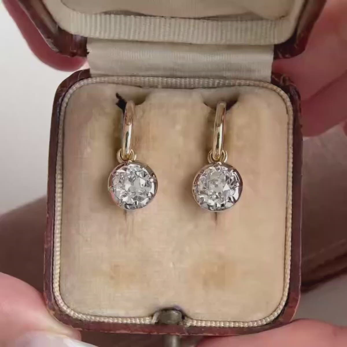 Bezel Old European Cut Diamond Drop Hoop Earrings