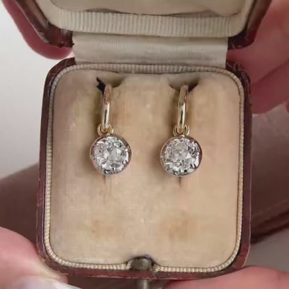 Bezel Old European Cut Diamond Drop Hoop Earrings
